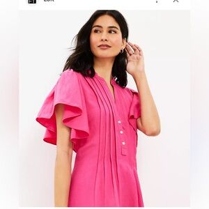 LOFT linen Pink Ruffle Sleeve Swing Dress
